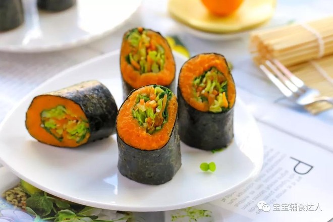 红薯紫菜卷 宝宝辅食食谱的做法步骤:15
